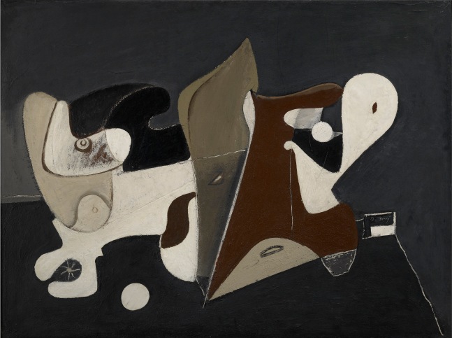 Abstract composition in in white, brown, and gray on a black background rendered in thick oil paint