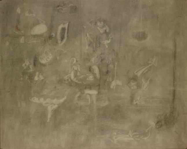 Abstract composition on a gray background with motifs rendered through erasure and smudging