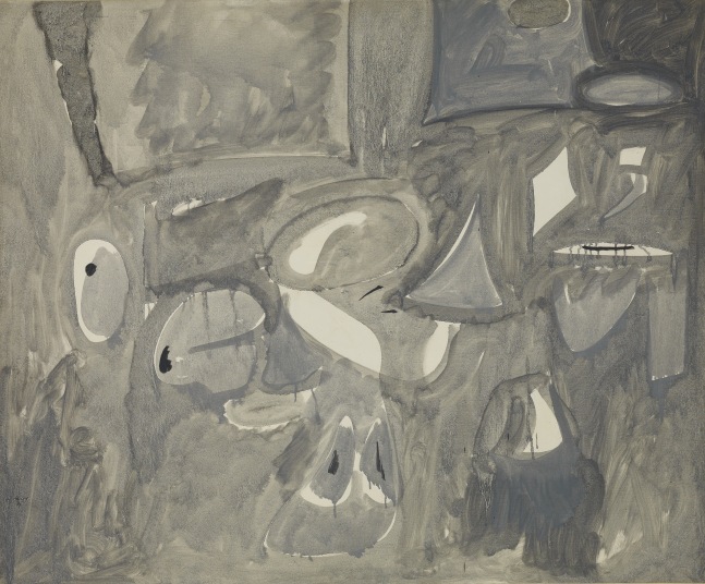 Abstract composition painted all-over in washy gray with spots of black and exposed white canvas