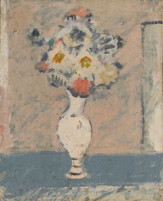 White vase with white and coral colored blooming flowers on a blue table with a pinkish background rendered in thick brush strokes