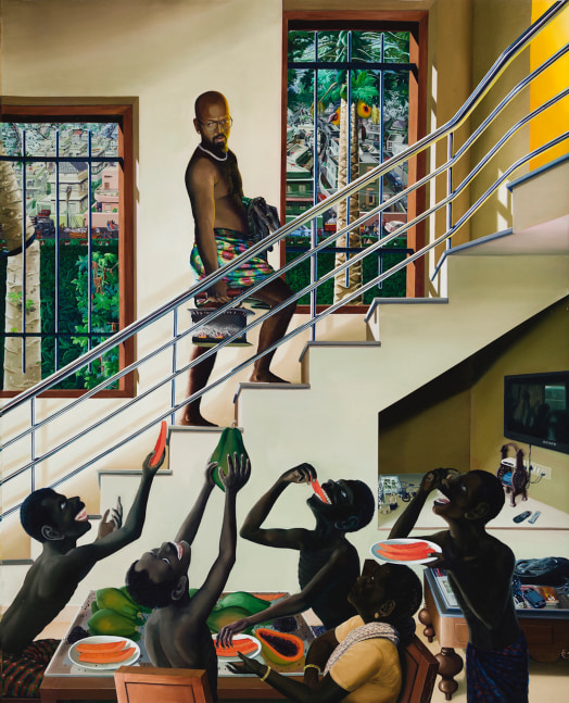 RATHEESH T.   The Middle Step, 2014  Oil on canvas  96 x 77.9 in /  244 x 198 cm  Collection: Fukuoka Asian Art Museum, Japan