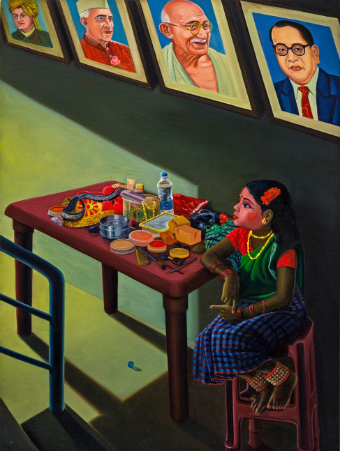 RATHEESH T.   Contestant Waiting at Legend’s Corridor, 2020  Oil on canvas  48 x 36 in / 121.9 x 91.4 cm  Collection: Kiran Nadar Museum of Art, New Delhi, India