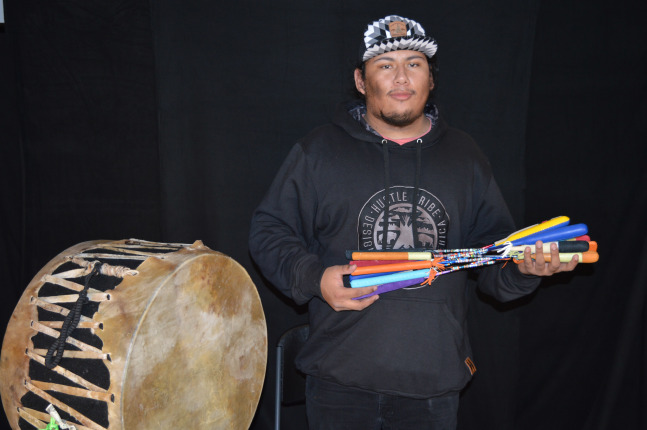 Mr. Yahola with one of his drums and a variety of drumsticks.

&amp;copy;2021 IACB