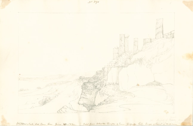 Sir John Frederick William HERSCHEL (English, 1792-1872) &quot;No 391 View from below the Temple of Juno, Girgenti Sicily. Temple of Concord in the distance”, 27 June 1824 Camera lucida drawing, pencil on paper 20.0 x 31.0 cm on 25.1 x 38.4 cm paper Numbered, signed, dated and titled “No 391 / JFW Herschel del Cam Luc. June 27, 1824. / View from below the Temple of Juno. Girgenti Sicily. Temple of Concord in the distance” in ink in border, and “Concord / 36. Temple of [crossed out] seen from / [illegible] of Juno Girgenti” in pencil.