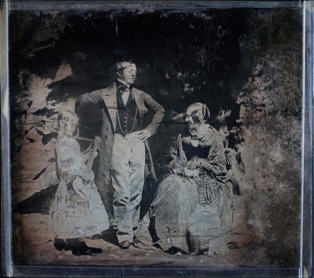 Rev. Calvert Richard JONES (Welsh, 1802-1877) The Jones family, Calvert, Anne Harriet, daughter Christina, with their white pomeranian, mid 1840s Sixth plate daguerreotype 7.2 x 8.1 cm