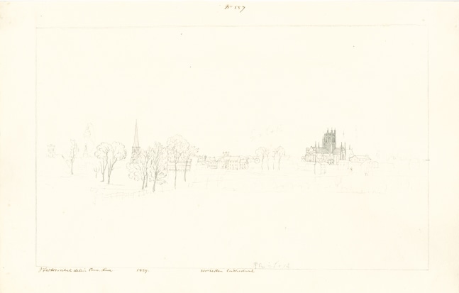 Sir John Frederick William HERSCHEL (English, 1792-1872) &quot;No 557 Worcester Cathedral”, 1829 Camera lucida drawing, pencil on paper 20.2 x 32.2 cm on 24.4 x 38.5 cm paper Watermark “J Whatman Turkey Mill”. Numbered, signed, dated and titled “No 557 / JFW Herschel delin Cam. Luc. / 1829 / Worcester Cathedral” in ink in border. Titled “Worcester” in pencil on verso.