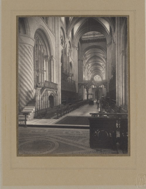 Frederick H. EVANS (English, 1853-1943) Durham Cathedral (interior view), circa 1900 Platinum print 12.0 x 9.6 cm mounted on paper two times. First mount with flush paper overmat 16.8 x 12.8 cm. Second mount 32.4 x 26.1 cm. The photographer's blindstamp on overmat. Hand ruled overmat. The photographer's printed book plate affixed to second mount verso.