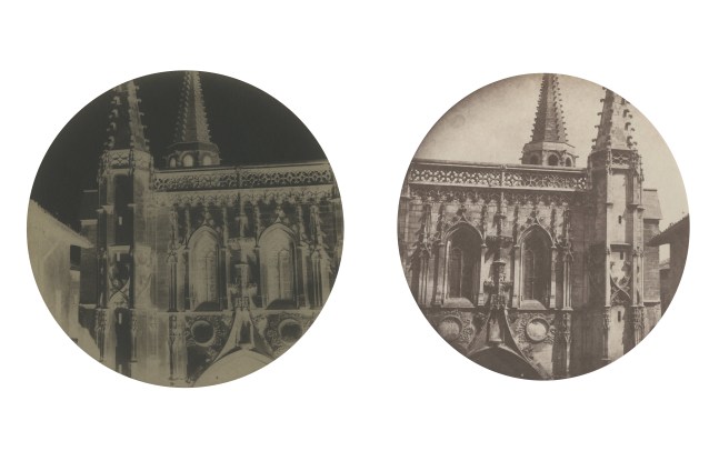 Charles Nègre (French, 1820-1880) Saint Pierre Basilica, Avignon, 1852 Salt print and its waxed paper negative, Negative 16.5 cm tondo; print 16.5 cm tondo, trimmed