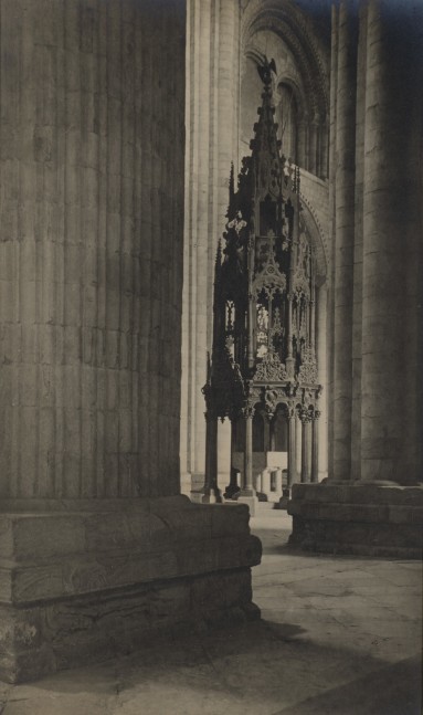 Frederick H. EVANS (English, 1853-1943) "Durham Cathedral: Font & Pillar from Nth Aisle", 1911 Gelatin silver print 25.8 x 15.4 cm, cropped to 23.8 x 14.2 cm by flush paper mat, mounted on 52.2 x 32.6 cm card