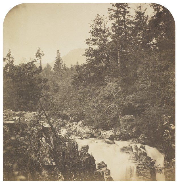 Roger FENTON (English, 1819-1869) Landscape with waterfall, likely Braemar, River Dee, Scotland, 1850s Salt print from a collodion negative 31.5 x 30.6 cm, top corners rounded