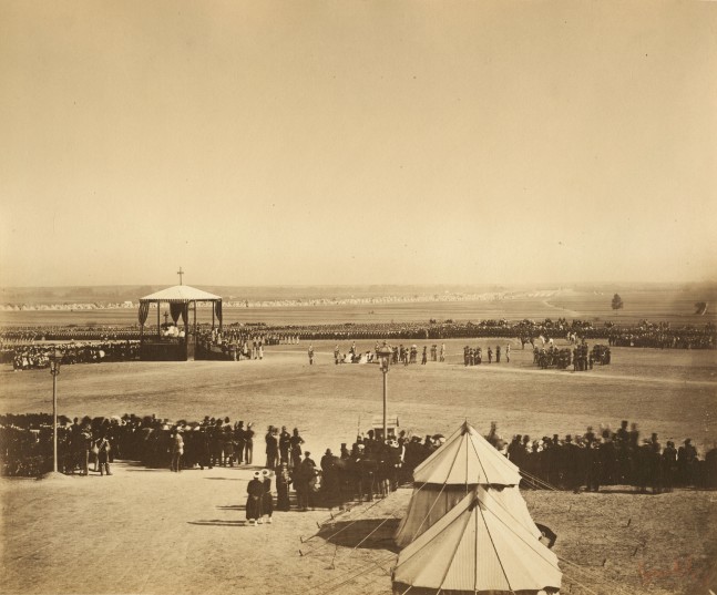 Gustave LE GRAY (French, 1820-1884) La messe du 4 octobre, Camp de Chalons, 1857 Albumen print from a collodion on glass negative 31.7 x 38.3 cm mounted on 49.6 x 64.8 cm album sheet Photographer's red signature stamp. Inscribed &quot;5&quot; in pencil on mount and on mount verso.