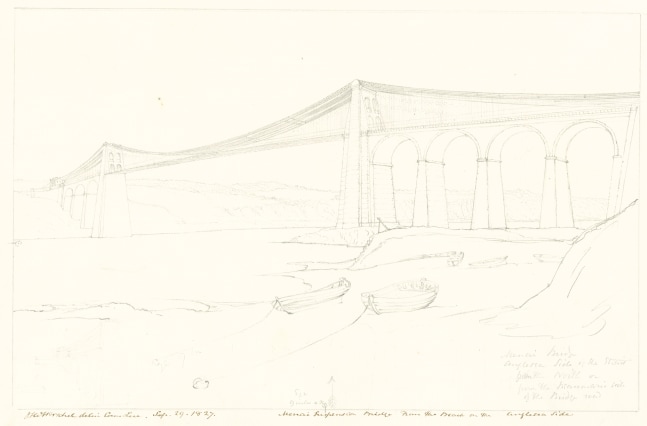 Sir John Frederick William HERSCHEL (English, 1792-1872) &quot;No 566 Menai Suspension Bridge From the Beach on the Anglesea Side”, 29 September 1827 Camera lucida drawing, pencil on paper 19.9 x 30.9 cm on 24.3 x 37.7 cm paper Watermark “J Whatman Turkey Mill”. Numbered, signed, dated and titled “No 566 / JFW Herschel delin Cam. / Luc. Sep 29, 1827. / Menai Suspension Bridge From the Beach on the Anglesea Side” in ink in border, and “Eye 9 inches = x. / Menai Bridge / Anglesea Side of the Strait / from the North or from the Beaumaris side of / the bridge road” in pencil. Inscribed &quot;Menai Bridge / [illegible] from Anglesea side&quot; in pencil on verso.