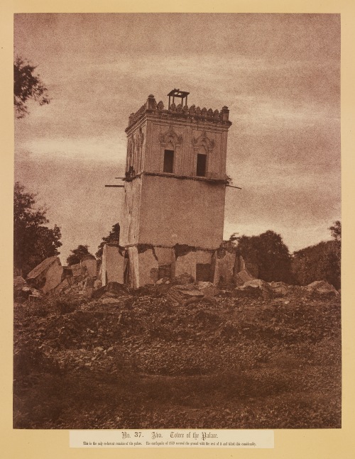 Captain Linnaeus TRIPE (English, 1822-1902) &quot;No. 37. Ava. Tower of the Palace.&quot; Burma, 1855 Albumenized salt print from a waxed paper negative 33.7 x 26.6 cm mounted on 58.4 x 45.7 cm paper Signed &quot;L. Tripe&quot; in ink. Photographer's blindstamp and printed label with plate number, title and &quot;This is the only co-herent remains of the palace. The earthquake of 1839 covered the ground with the rest of it and tilted this considerably.&quot; on mount.