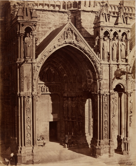 Louis-Auguste &amp; Auguste-Rosalie BISSON (BISSON FRÈRES) (French, 1814-1876 &amp; 1826-1900) South porch, left portal, Chartres Cathedral, late 1850s Coated salt print from a glass negative 45.5 x 37.1 cm mounted on 59.7 x 46.1 cm paper Black &quot;Bisson frères&quot; signature stamp