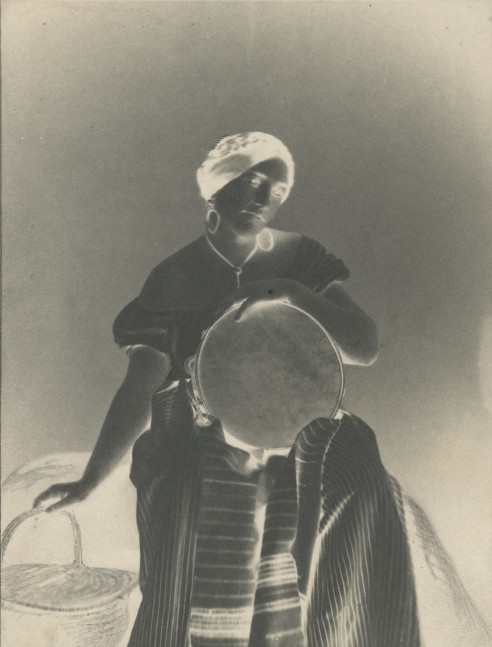 Julien VALLOU DE VILLENEUVE (French, 1795-1866) Young girl with tambourine and basket, circa 1852 Paper negative 16.6 x 12.9 cm on 19.0 x 13.6 cm paper