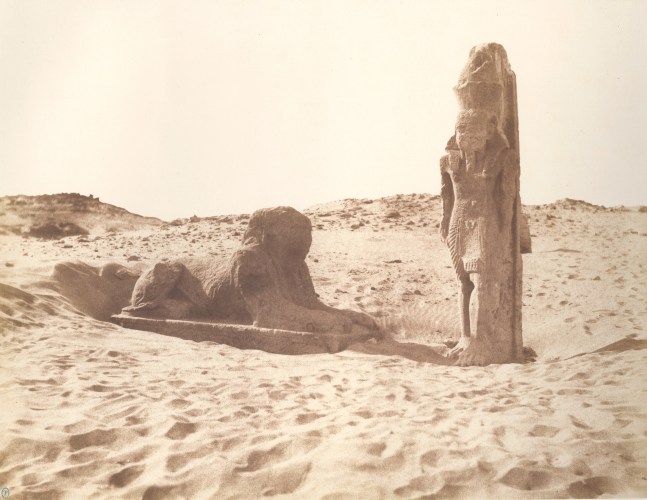 Félix TEYNARD (French, 1817-1892) &quot;Sebouah. Temple - Colosse et Sphinx de la Partie Gauche de l'Avenue. Pl. 131&quot;, 1851-1852 Salt print, 1853-1854, from a waxed paper negative 23.8 x 30.7 cm, mounted Photographer's monogram stamp in green ink. Oval blindstamp, printed title and credits on mount.