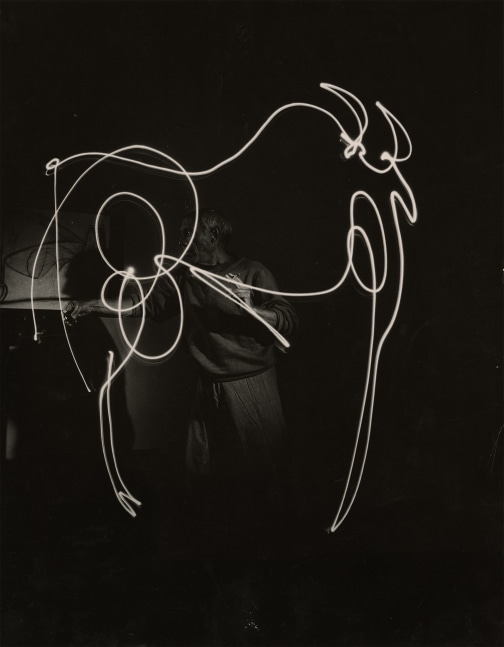 Gjon MILI (Albanian, 1904-1984) &quot;Pablo Picasso making a space drawing&quot; of a bull, 1949 Gelatin silver print 33.6 x 26.6 cm