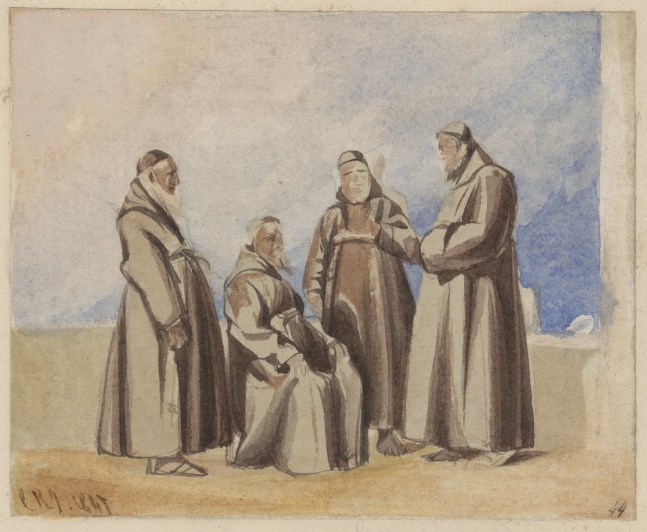 Rev. Calvert Richard JONES (Welsh, 1802-1877) &quot;Capucin monks, Malta&quot;, 1847 Hand-colored salt print from a calotype negative 7.9 x 9.8 cm