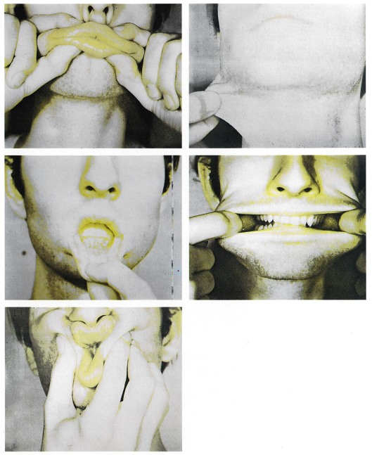 Bruce Nauman

Studies for Holograms (a-e), 1970

portfolio of five screenprints

26 x 26 inches (66 x 66 cm) each sheet

(a) pinched lips, 100/150; (b) pulled lower lip, 42/150; (c) pinched cheeks, 71/150; (d) pulled neck, 1/150; (e) pulled lips, 1/150

SW 19328