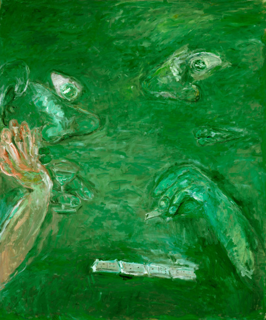 green painting of disembodied arms, noses, eyes and lips playing dominoes