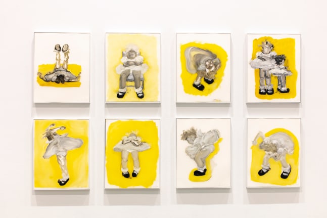 a suite of eight small paintings of girls in frilly dresses highlighted with bright yellow background accents
