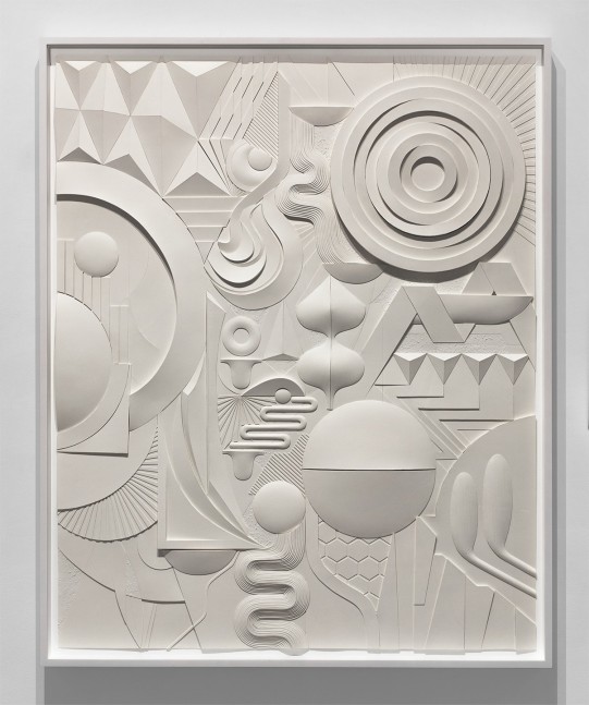 cream-colored monochromatic bas-relief with abstract geometric and organic forms