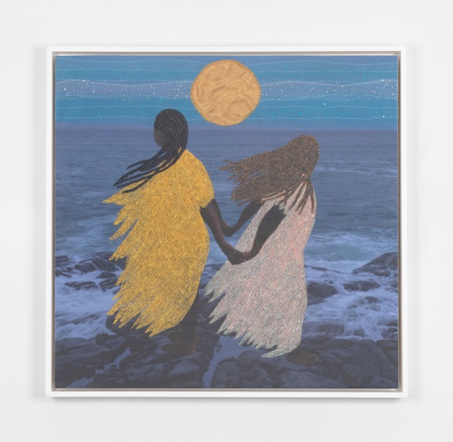 Framd artwork of two young women moving on the shore in dresses in the moonlight