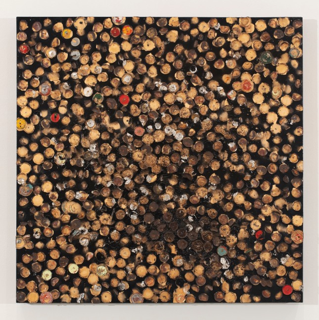 Helmut&amp;nbsp;Lang
Untitled, 2021
bottle caps, enamel, pigment, and resin on wood panel
30 x 30 x 2 inches (76,2 x 76,2 x 5,1 cm)
SW 21052