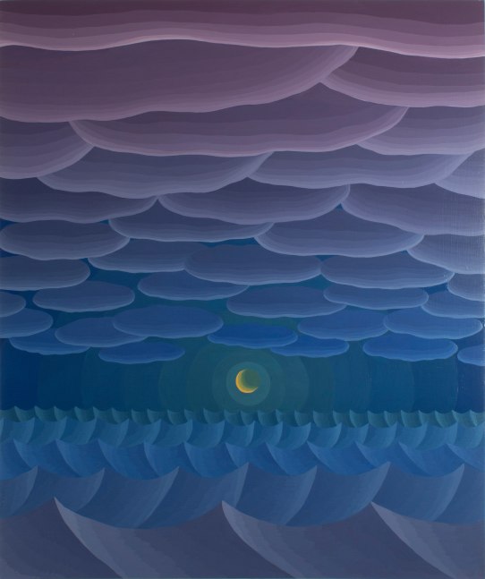 A cresent moon shines over a purple and blue sea with a sky of low-lying purple and blue clouds