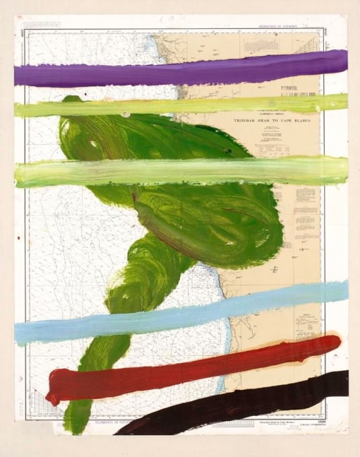 Julian Schnabel
Trinidad Head to Cape Blanco, 2007
oil on map mounted on linen
44 x 35 inches (111,8 x 88,9 cm)
49 1/8 x 39 1/8 inches (124,8 x 99,4 cm) frame
SW 07496
Private Collection