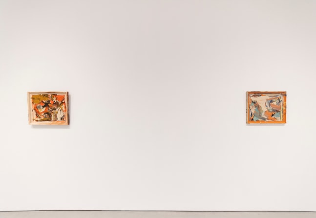Two predominantly orange horizontal compositions at an intimate scale placed at a distance from each other on a white wall.
