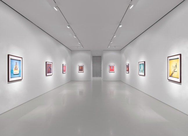 Installation view of &quot;William Wegman: Favorite Models&quot; featuring eight colorful photographs, three on each opposing wall and two straight ahead at end of gallery