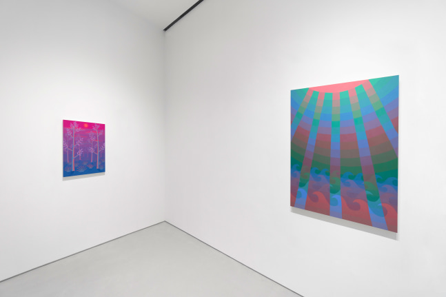 white walled gallery with two painting: sun rays and waves painted in green, blue, and pink tones on the right and on the left a smaller painting in purple and blue of a forest