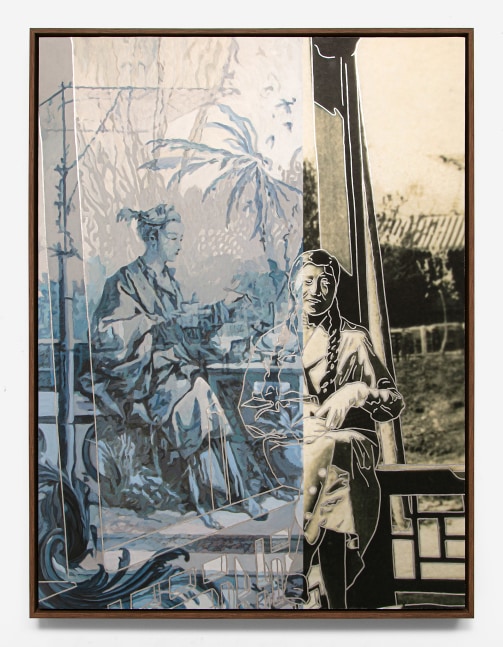 A canvas split by a scene in a predominantly blue palette of a woman seated at a table atop a scene of a woman seated on the barrier of a patio smiling and facing the viewer.