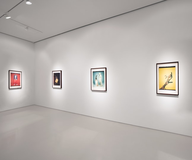 Three colorful vertical photographs hung adjacent on one wall featured at an angle, and one photograph on perpendicular wall