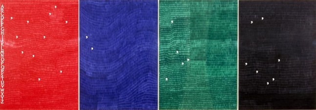 four abstract monochromatic panels in red, blue, green and black