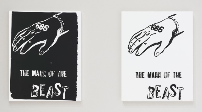 Two side-by-side black-and-white silkscreens, each showing a hand marked with the number 666 and the text 'THE MARK OF THE BEAST,' one with a black background and white linework, the other with a white background and black linework.