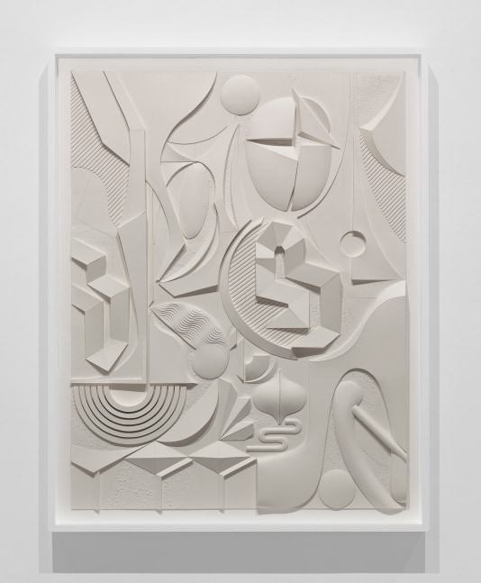 cream-colored monochromatic bas-relief with abstract geometric and organic forms