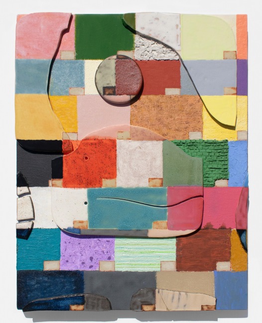 colorful work on canvas with glazed irregularly shaped ceramic attachments