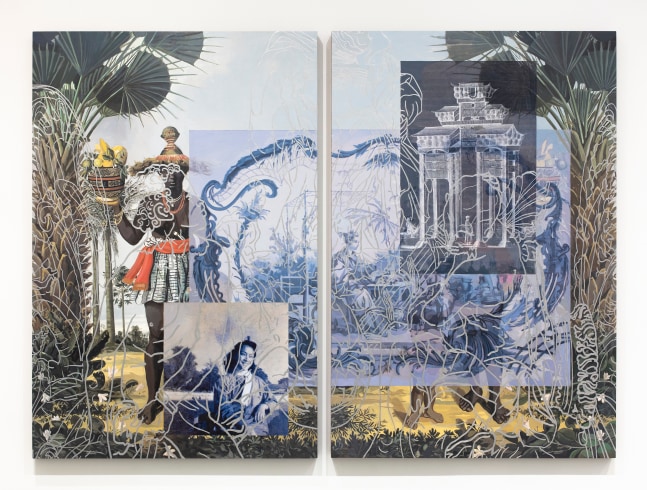 Diptych executed with two separate wood panels featuring a combination of images, mythical figures, plant life, and images overlay or on top of drawing and painting