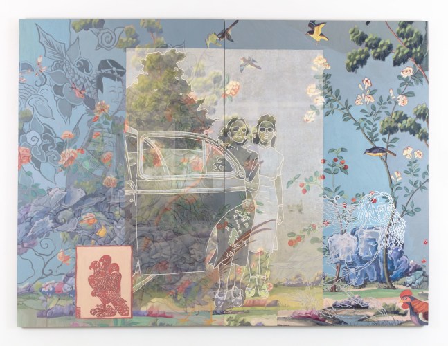 A translucent photograph of two women on two wood panels with a predominantly blue palette surrounded by assorted flora and fauna, predominantly birds