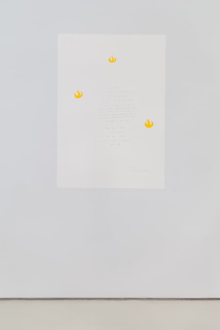 Wall painting with white background, yellow shapes, and taoist poem handwritten