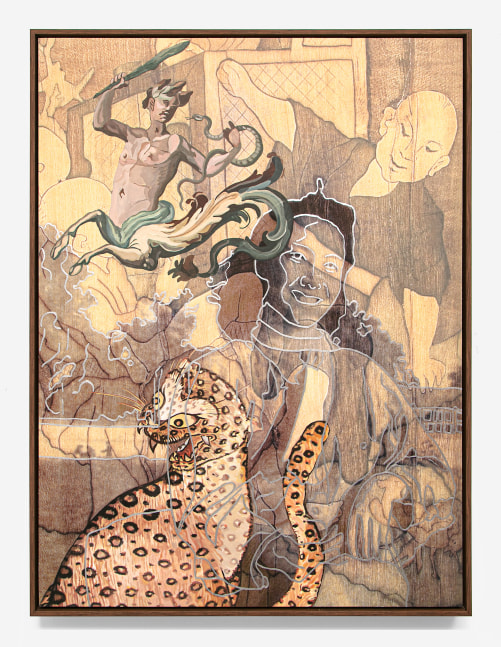 Loose figurative image of woman behind a leopard and a half man half horse hybrid human gripping a snake.