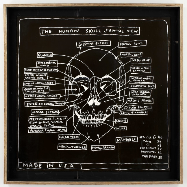 painting on wood with a black background and a skull drawn in white with many notations