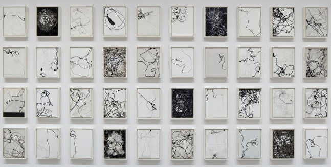 Emil Lukas
the location of possible and impossible moves, 2018
ink, paper and thread under glass in painted wood frames
forty parts; 13 x 10 x 2 inches (33 x 25,4 x 5 cm) each frame
Martin Z. Margulies Collection