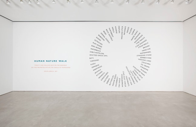 Richard Long
Human Nature Walk, 2011
text work; 2 parts
25 x 86 5/8 inches (63,5 x 220 cm) lettering
133 7/8 inches in diameter (340 cm) circle
SW 112375