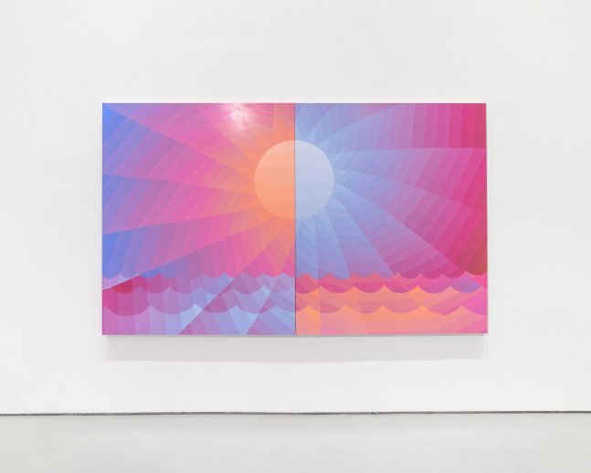 white walled gallery with large pink, orange, and blue diptych painting of a sun on the wall