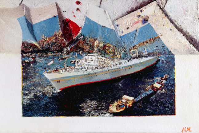 painting of a cruise liner in which a tromp l'oeil effect makes the canvas appear crumpled on the top half, while the bottom remains intact