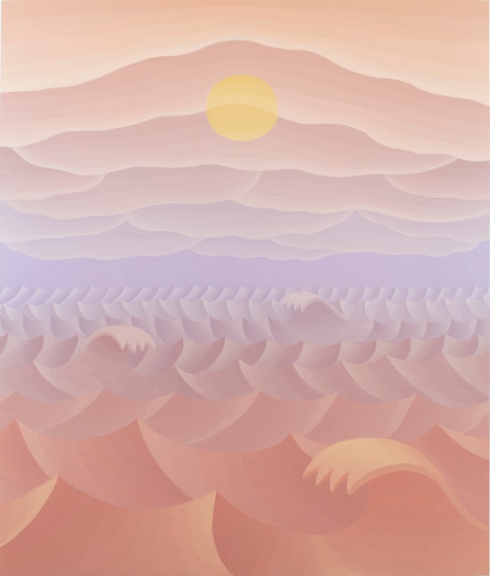 A muted yellow sun shines through the rosy clouds above a light pink seascape with turbulent waves