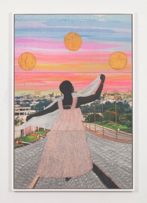 Joana Choumali

IF WE ARE NOT SUPPOSED TO DANCE, WHY ALL THIS MUSIC?, 2024

mixed media, embroidery, paint, manual collage, sheer fabric, and digital photograph printed on canvas

triptych; 56 7/8 x 38 1/2 inches (144,5 x 97,8 cm) 58 5/8 x 40 1/8 x 2 1/4 inches (148,9 x 101,9 x 5,7 cm) frame